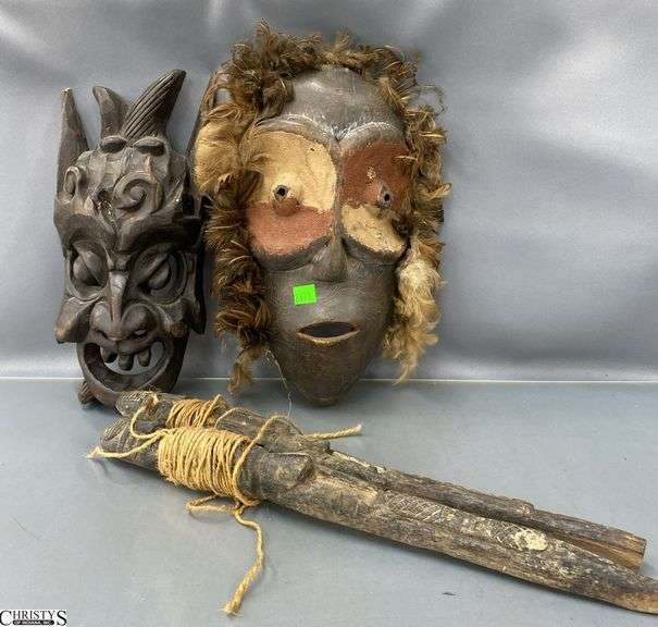 Carved Wooden Aboriginal Style Masks and Pieces, 4pcs, 13" of largest image