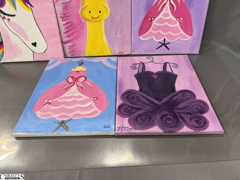 8 Painting Party Canvases, Pinks, Dresses, Unicorns, Butterfly Each Measures 11x14"