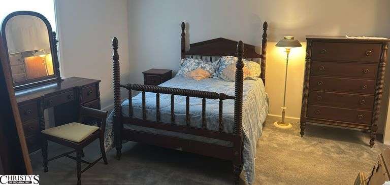 Continental Furniture Co. 4pcs Spindle Leg Full Bedroom Suit, 4 Poster Headboard 56"x61" Tall, Mattress, Box Springs, Bedding, Vanity With Mirror 48x19x31", 5 Drawer Chest 36x21x54" Tall, With Night Stand ***Lamp Not Included image