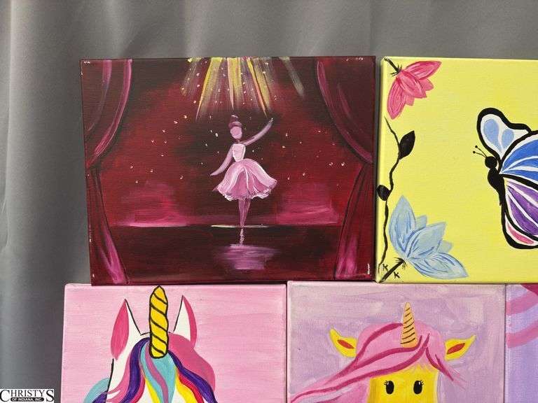 8 Painting Party Canvases, Pinks, Dresses, Unicorns, Butterfly Each Measures 11x14"