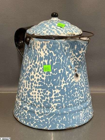 2 Blue and White Swirl Enamelware Coffee Pots - 11" of tallest - Some wear, chipping