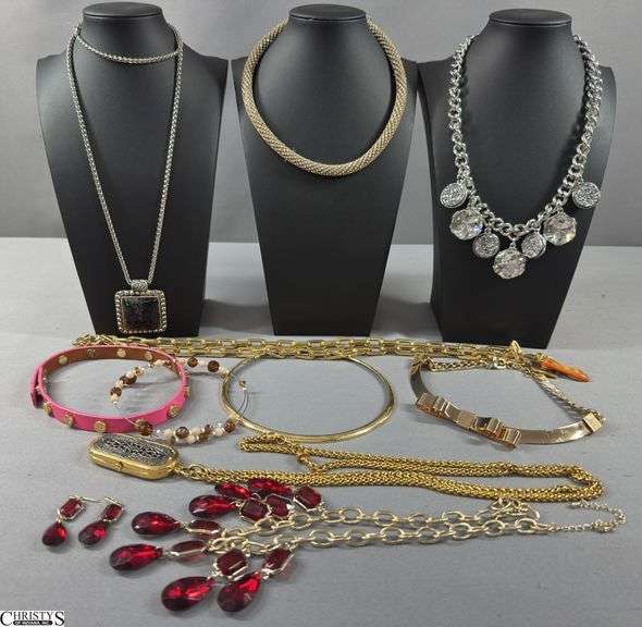 10 Chains / Necklaces.  A pair of earrings has been found to match the red necklace. image