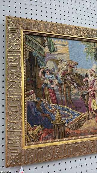 Framed Tapestry, Middle Eastern Marketplace Scene With People, Camels, and Horses Measures 60x24"