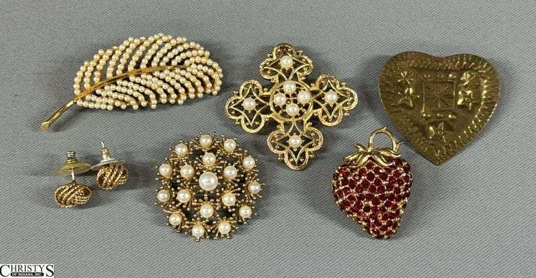 5 Fashion Pins and a Pair of Earrings.  One pin marked BSK image