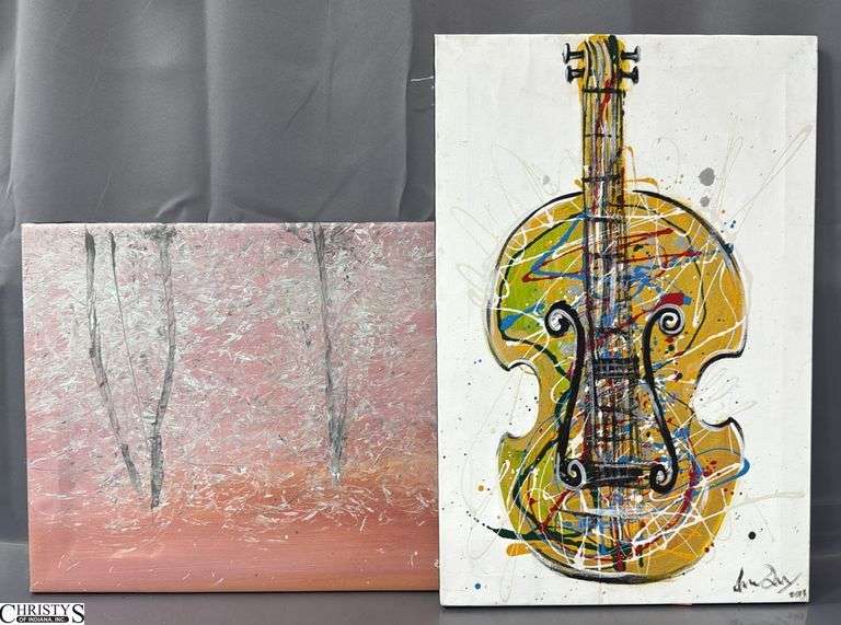 2pc Paintings on Canvas, Piya Paikhew Happy Strings, and Abstract Trees By Samuel Tinoco With Pink Background Largest 16x29"