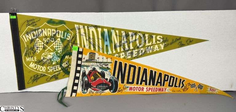 2 Indianapolis Motor Speedway Autographed Pennants.  Signatures include Mark Dismore, Scott Herrington, Lloyd Ruby, Jim Rathmann and Others. image