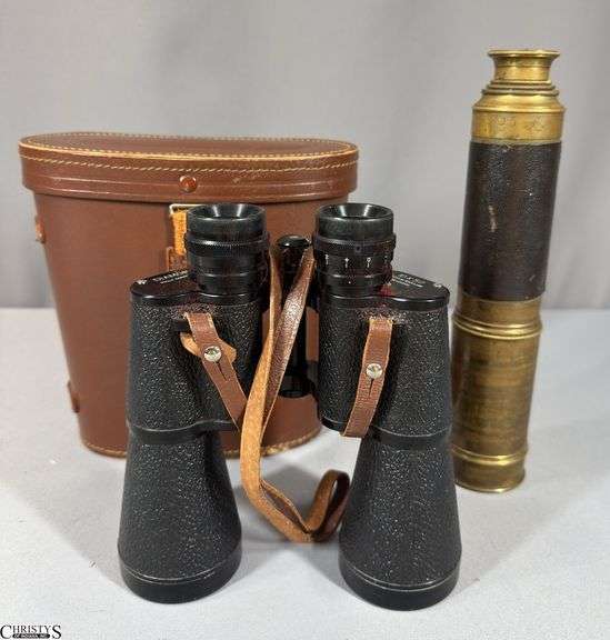 Binoculars Marked Diamond 10 X 50 No. 61086 in Case and a Brass Spyglass image