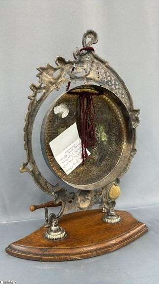 Wooden Base Plated Dinner Gong, and Beater, 12"x16" Tall