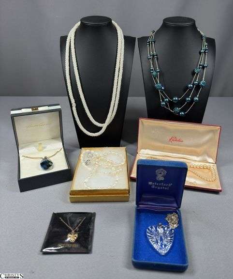 7 Necklaces - Includes a Waterford Crystal Heart on a Chain, 3 Pearl Type Necklaces, a Teardrop Shaped Necklace in a Kenneth Cole New York Box and Others. image