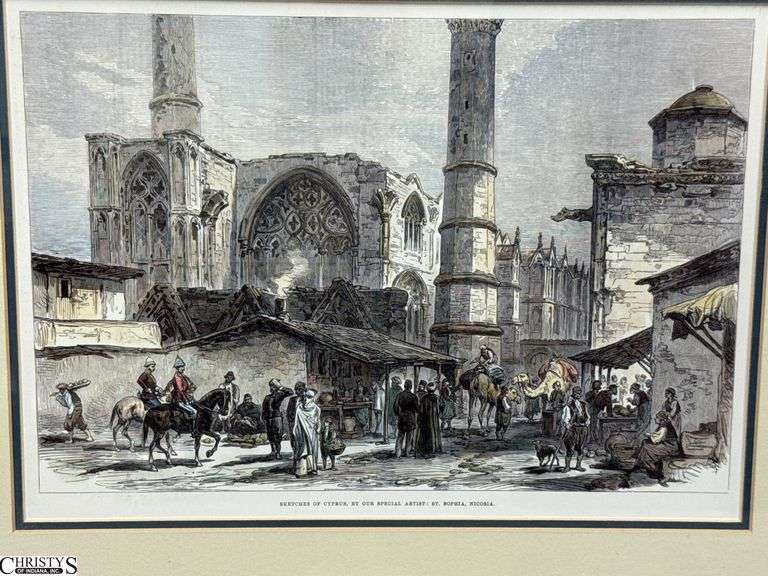 Silver Metallic Framed Print of Selimiye Mosque in Nicosia, Cyprus, as it appeared in an 1878 engraving from "The Illustrated London News".  15"x20"