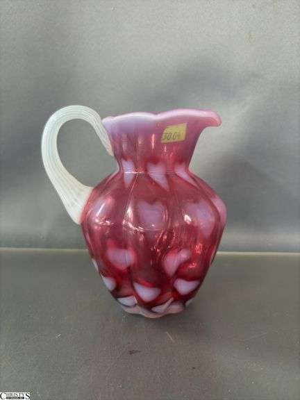 3 Fenton Opalescent Cranberry Heart Motif Glass Pieces - Small Pitcher, Basket, Powder Jar - 6.5" of tallest
