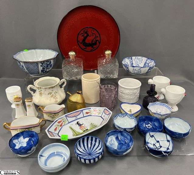 Milk Glass Egg Cup, Blue and White Asian Dishes, Small Crocks, Some Chips image