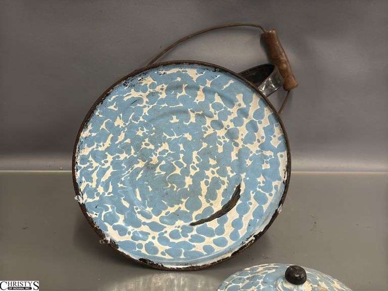 2 Blue and White Swirl Enamelware Coffee Pots - 11" of tallest - Some wear, chipping