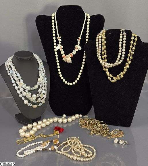 Ladies Costume Necklaces, Pearl Bead Style and Gold Tone - 11" from clasp to clasp of longest