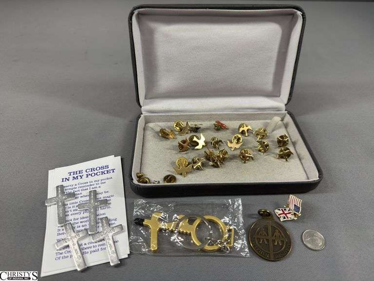 19 Dove Pins, 4 "The Cross in My Pocket" Crosses, Crossed Flags US and Britain UK Pin, a Stephen Ministry Medal, a No Touch Tool with Key Chain and a 1987 Canadian 10 Cent Coin image