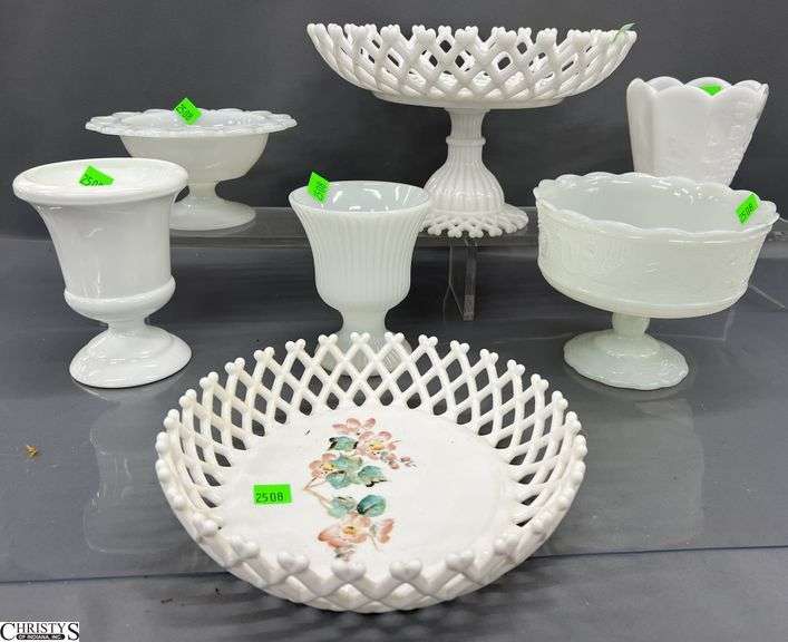 Milk Glass, and Lattice Edge Compote and Dish Largest 11x6.5" image