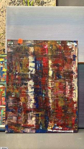 4 Painting on Canvases and Board, Abstracts and Beach Scene, Some Signed See Photos Largest Measures 20x25"