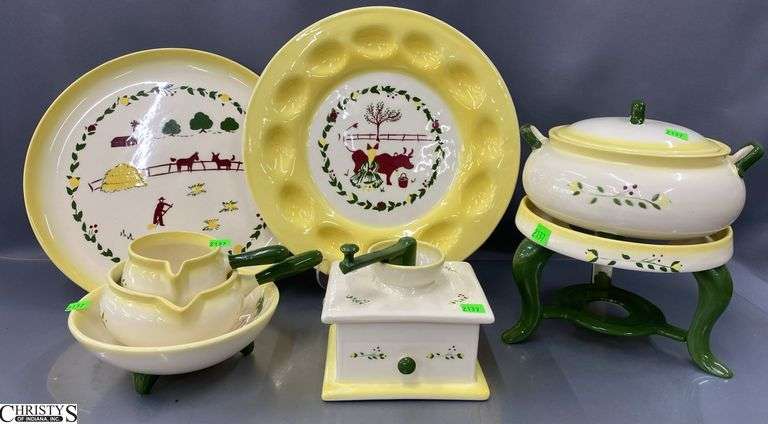 Brock California  "Farmhouse" Chafing Dish, Egg Plates, Coffee Grinder Storage Dish, 7pcs - Some chipping - 13" of egg plate image