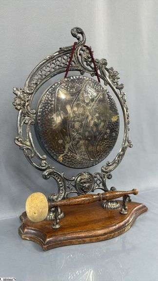 Wooden Base Plated Dinner Gong, and Beater, 12"x16" Tall