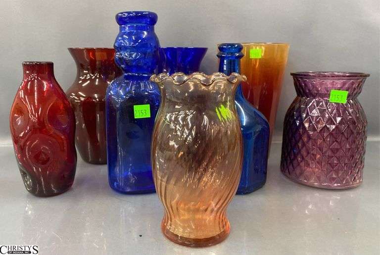 8 Colored Glass Bottles, Vases - 10" of Brookfield Milk Bottle image