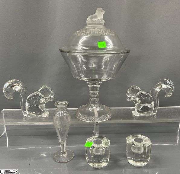 Lidded Compote With Lion Topper, Bud Vase, Squirrels, Candle Holders, Compote Tallest 13" image