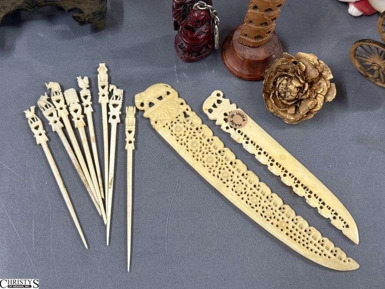 Chinese Dinner Gong, Figurines, Fans, Doll In Case 11"