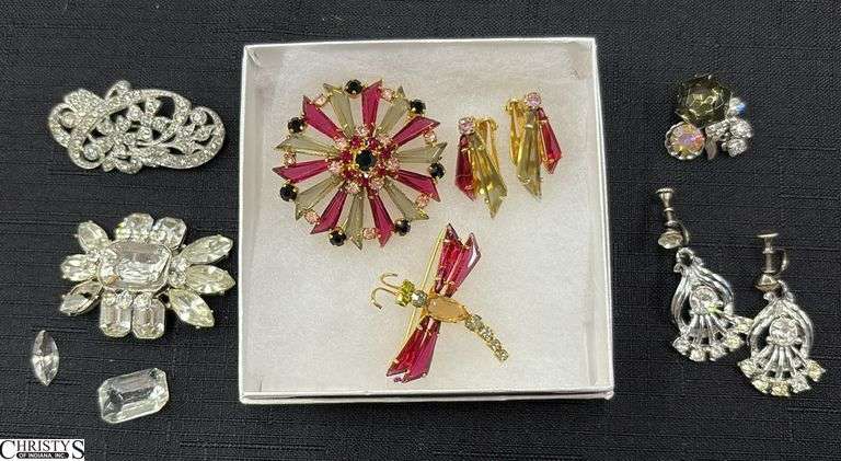 Ladies Vintage Costume Rhinestone Jewelry - Austrian and Others - 2" of largest, One stone needs attached