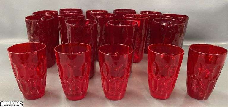 13 Morgantown Crinkle Red Glasses, 5 Small Dimpled Red Glasses - 5.5" of crinkle glasses image
