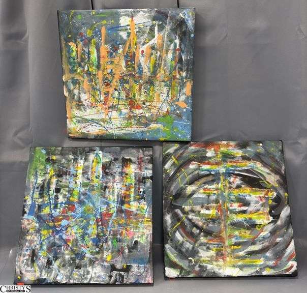 3 Multi Color Abstract Mixed Media and Oil Paintings By Alummoa Zumigo, on Black Canvas, Each Measures 18x17"