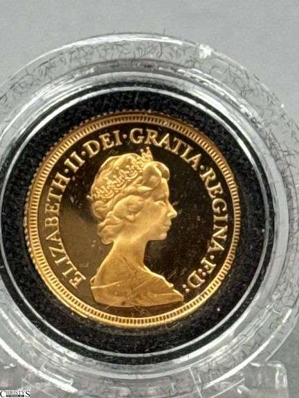 1979 United Kingdom Proof Sovereign Gold Coin in Box with a Portrait of Queen Elizabeth II on One Side and Depicts Saint George Slaying a Dragon on the Reverse Side