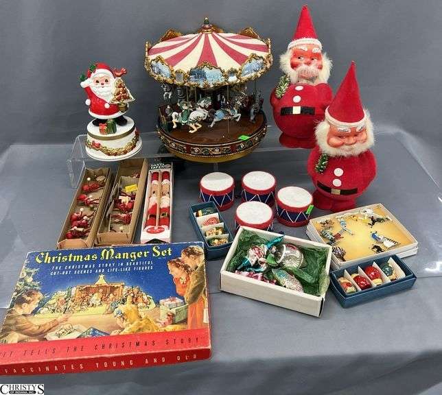 Vintage Christmas, Paper Manger Set, Santas, Carousel, Ornaments Musical Santa image