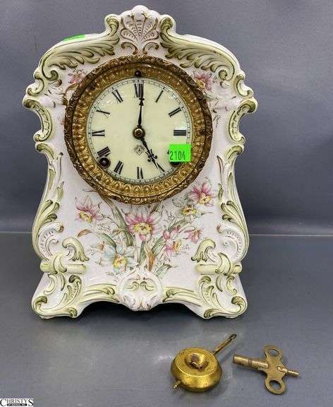 Ansonia Porcelain Floral Motif Mantle Clock - 11.5", some crazing present image