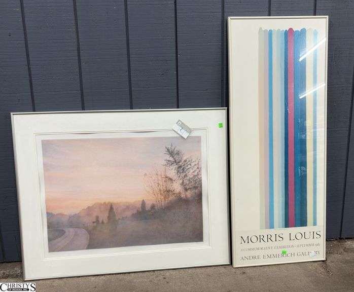 2pcs Misty Landscape Artwork and Morris Louis Framed Prints, Largest 43"x17" image
