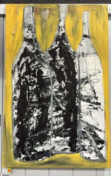 GiGi Bottles #9, Acrylic Abstract Painting of Bottles On Canvas 35.25x55"
