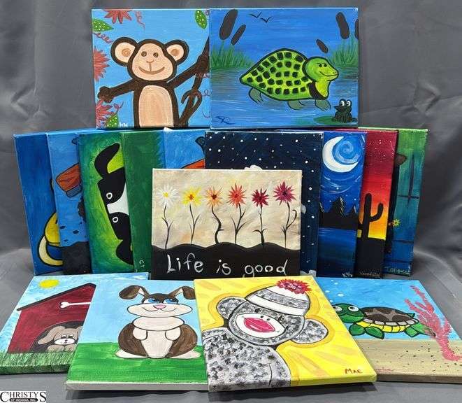 16 Painting Party Canvases, Youth Themes, Dogs, Trucks, Frogs In Moonlight, Cactus Sunset and More 11x14"