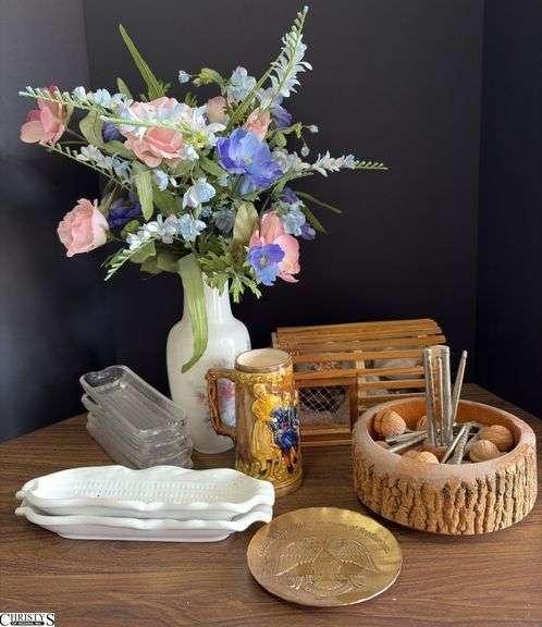 Lobster Theme Pots, Nut Bowl, Vase w/ Artificial Flowers, Corn Cob Dishes, Stein and FreeMasons Plate - 20" of tallest image