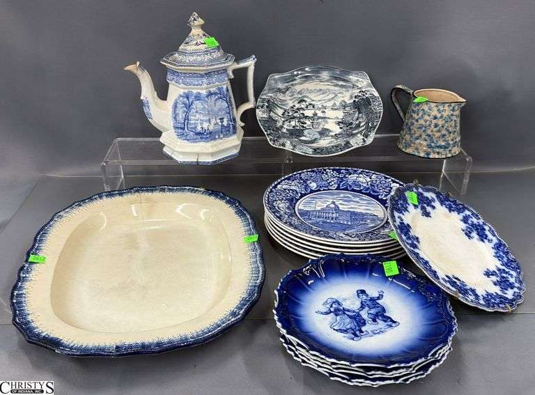 Blue and White China Pieces - Staffordshire, Johnson Bros and Others - 16" of platter image