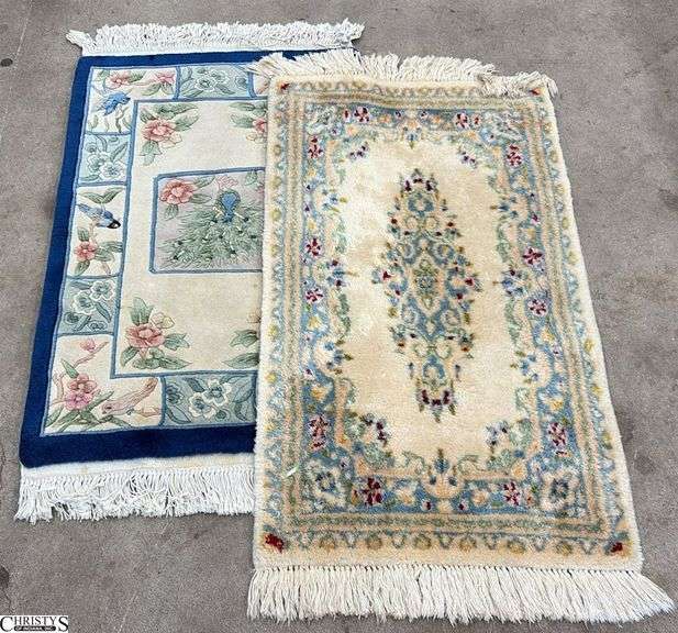 2 Wool Asian Influence Throw Rugs - Some Wear - 24" x 36" of largest image