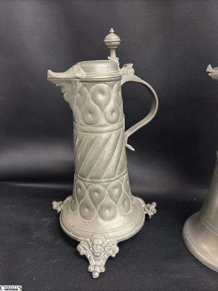 2 Early English Pewter Steins 13" Tallest