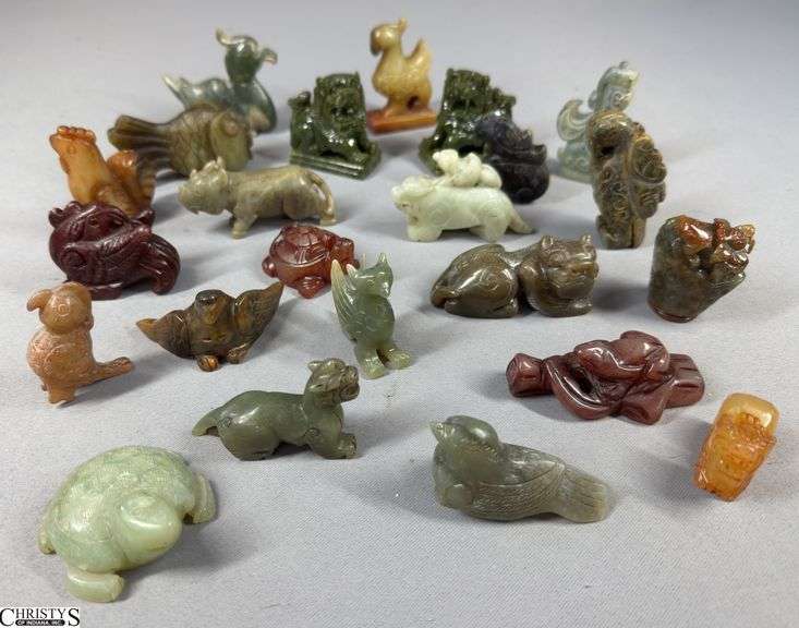 23 Small Carved Figures.  Many Made from Jade. image
