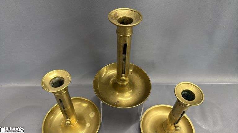 3 Brass Push Up Style Candle Holders 7"
