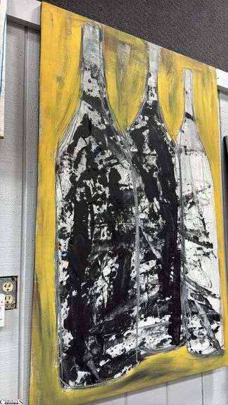 GiGi Bottles #9, Acrylic Abstract Painting of Bottles On Canvas 35.25x55"