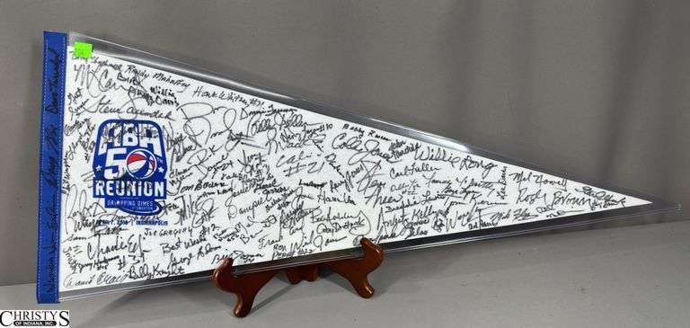 ABA 50th Reunion Autographed Pennant.  April 7, 2018 | Indianapolis.  There are many, many autographs including Carl Fuller, Billy Shepherd, Louie Dampier, Willie Long, Randy Mahaffey, Hank Whitney and so many more. image