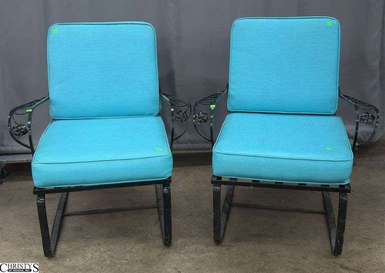 2 Salterini Woodard Wrought Iron Patio Bouncer Chairs - 29" x 33" - 18" seat of each, - some wear to cushions image