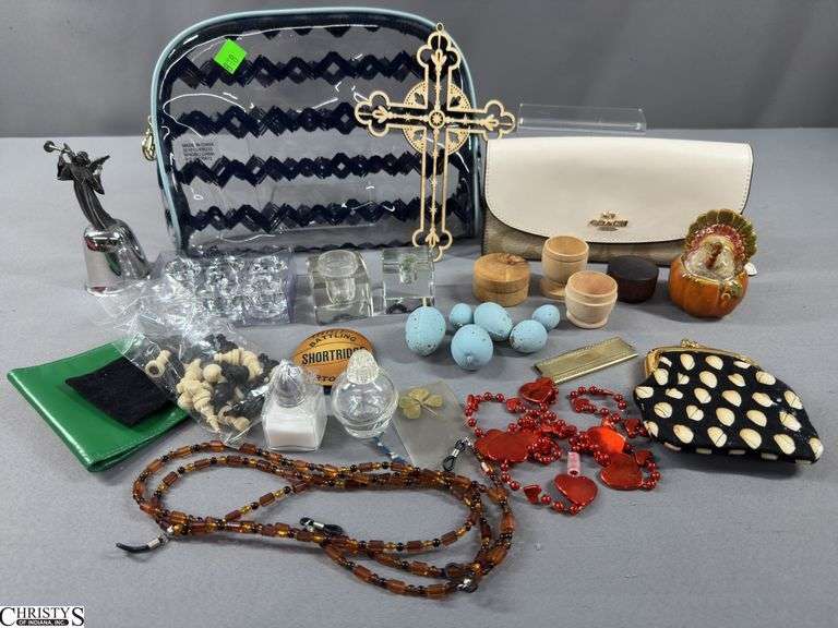 Coach Like Wallet Looks Like It Hasn't Been Used (no guarantee on the Coach authenticity), a Danbury Mint Angel Bell,2 Eyeglass Strands, a Turkey Salt or Pepper Shaker, Pottery Barn Mini Taper Candleholders, Tiny Chess Pieces in Package, a Shortridge Button, Small Wooden Containers, a 7 1/2" Wood Cross and More image
