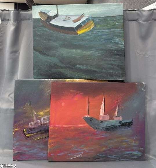 3 Paintings On Canvases, Boats By Alummoa Zumiga All Measure 27x22"