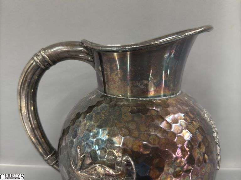 Meriden Silver Plate Co. Pitcher, Hammered Style with Lizard and Bird Embellishments, 8"