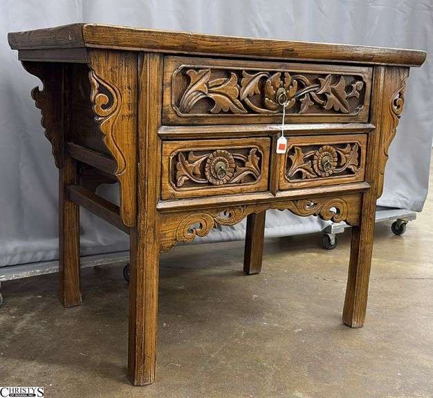 Chinese Carved Three Drawer Table 42.5x24x32.5" Tall Does Have Some Wear From Age