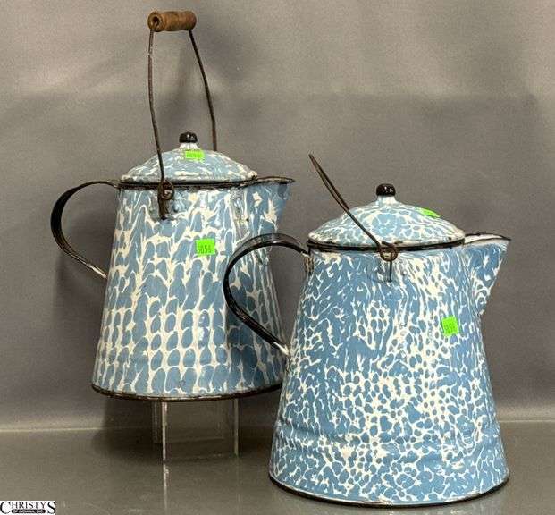 2 Blue and White Swirl Enamelware Coffee Pots - 11" of tallest - Some wear, chipping image