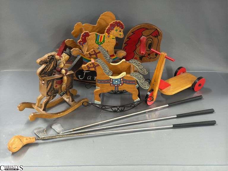 Vintage Doll Rocking Horses and Scooter Tallest 10" image